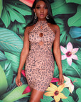 Sexy Leopard Print Front cut -out Mock Neck Dress