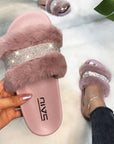 Fantasy women shining diamonds soft fur sandals